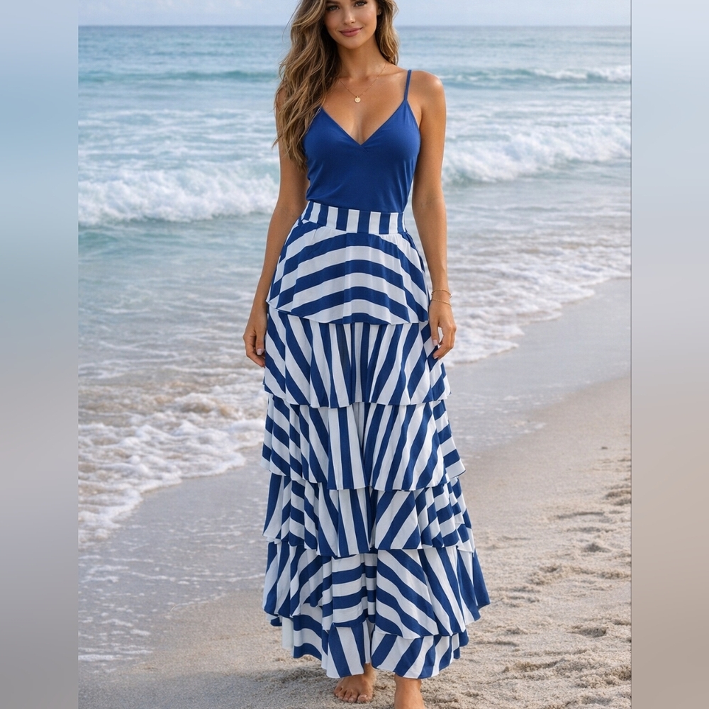 Nuggles Ruffle Tiered Blue And White Striped Maxi Skirt Size Large